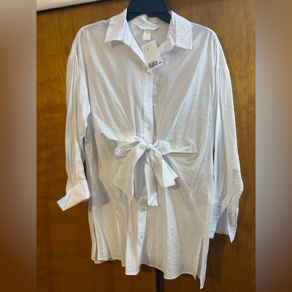H&M White Casual Button-Down Shirt with Tie Front